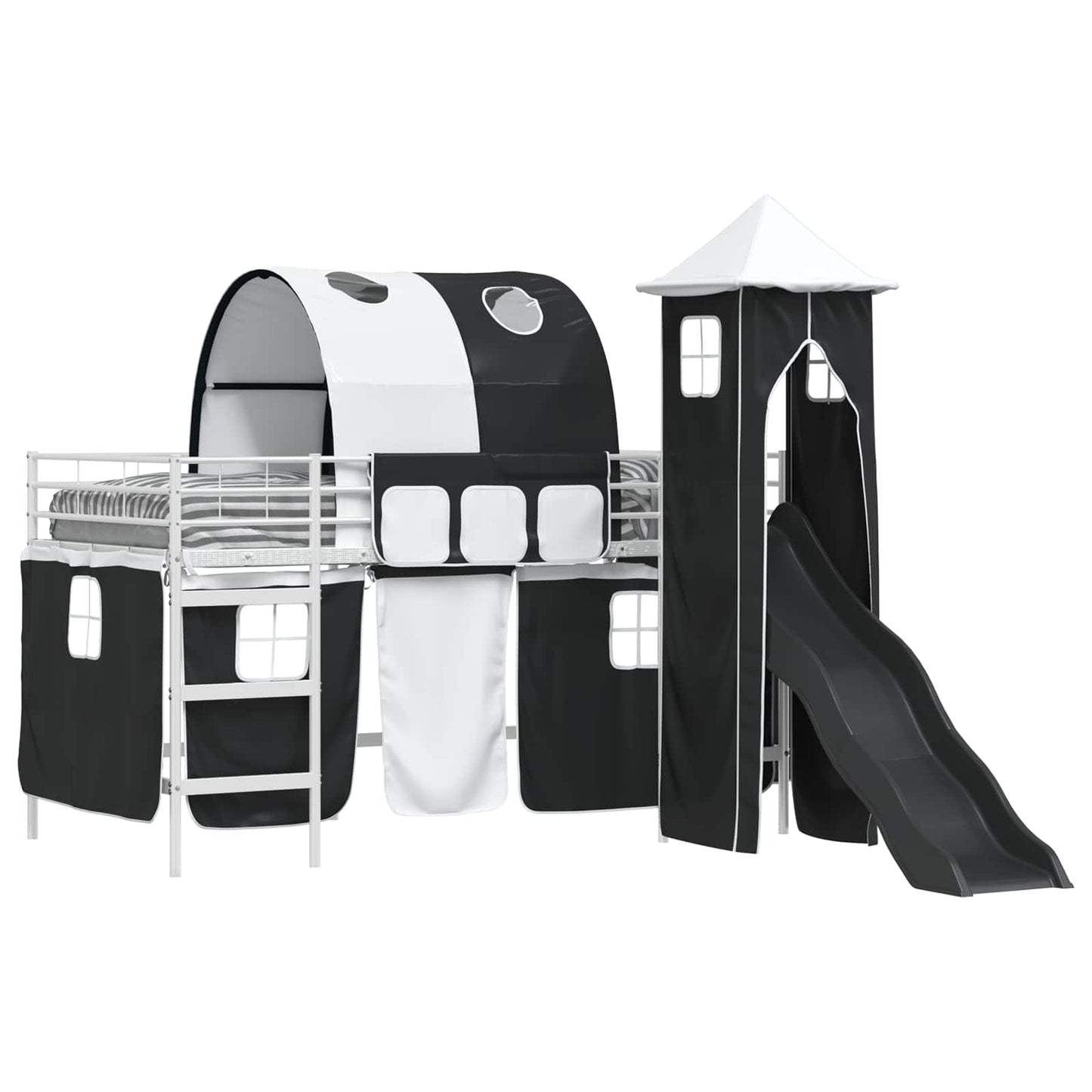 Kids'Loft Bed Frame with Curtains, Arch, Slide, Tower