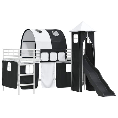 Kids'Loft Bed Frame with Curtains, Arch, Slide, Tower