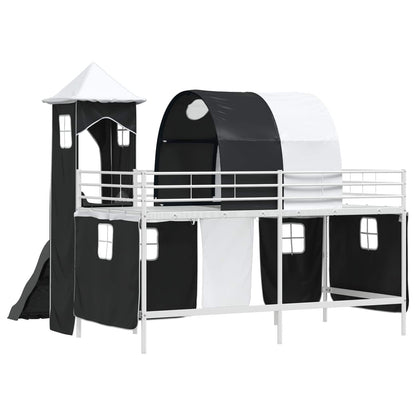 Kids'Loft Bed Frame with Curtains, Arch, Slide, Tower