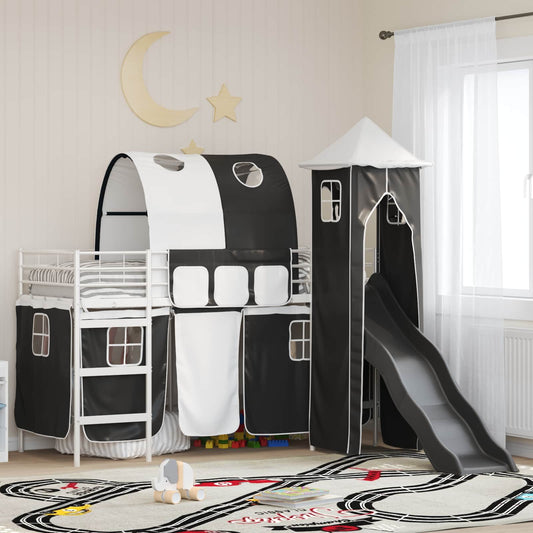 Kids'Loft Bed Frame with Curtains, Arch, Slide, Tower