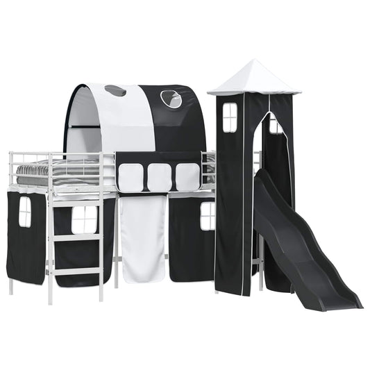 Kids'Loft Bed Frame with Curtains, Arch, Slide, Tower