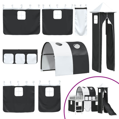 Kids'Loft Bed Frame with Curtains, Arch, Slide, Tower