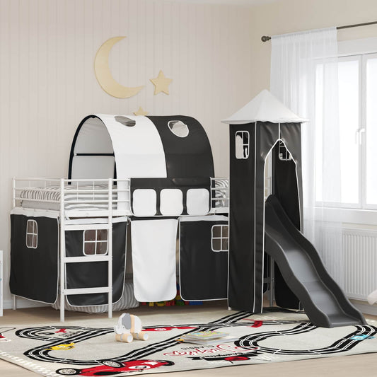 Kids'Loft Bed Frame with Curtains, Arch, Slide, Tower