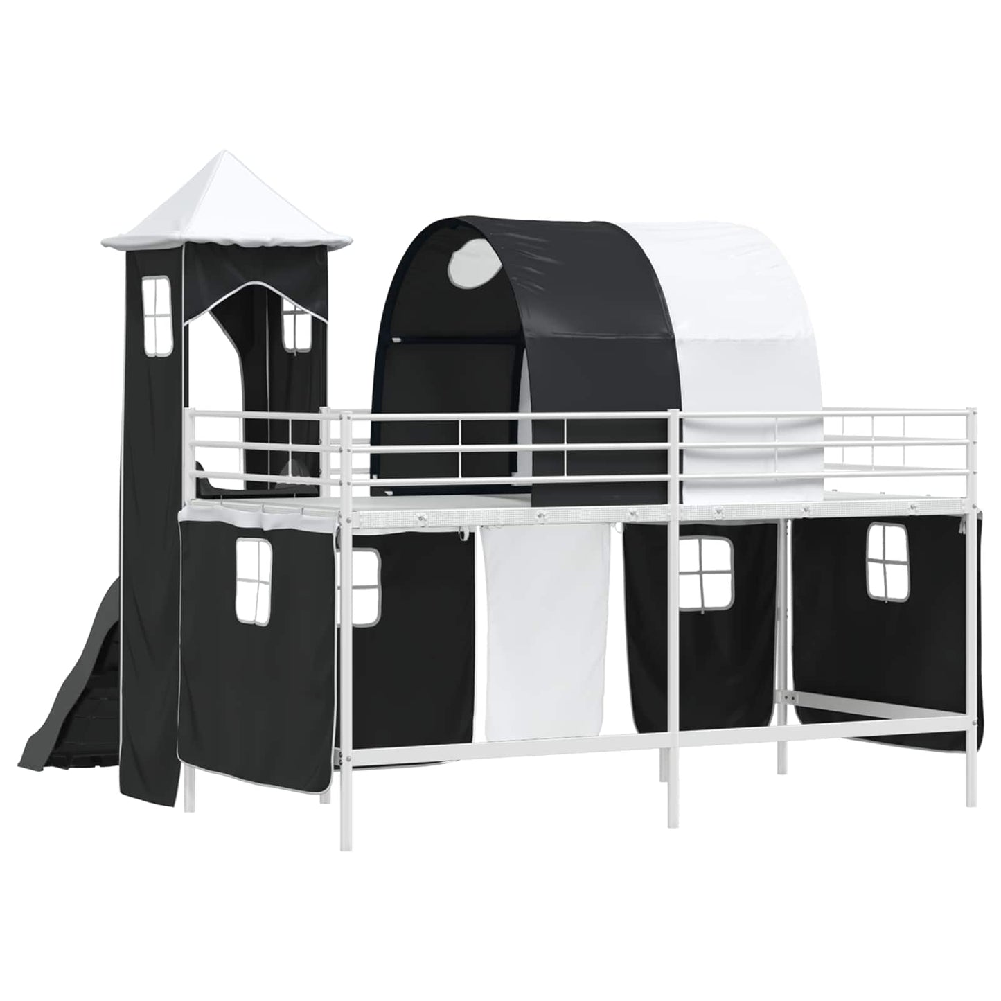 Kids'Loft Bed Frame with Curtains, Arch, Slide, Tower