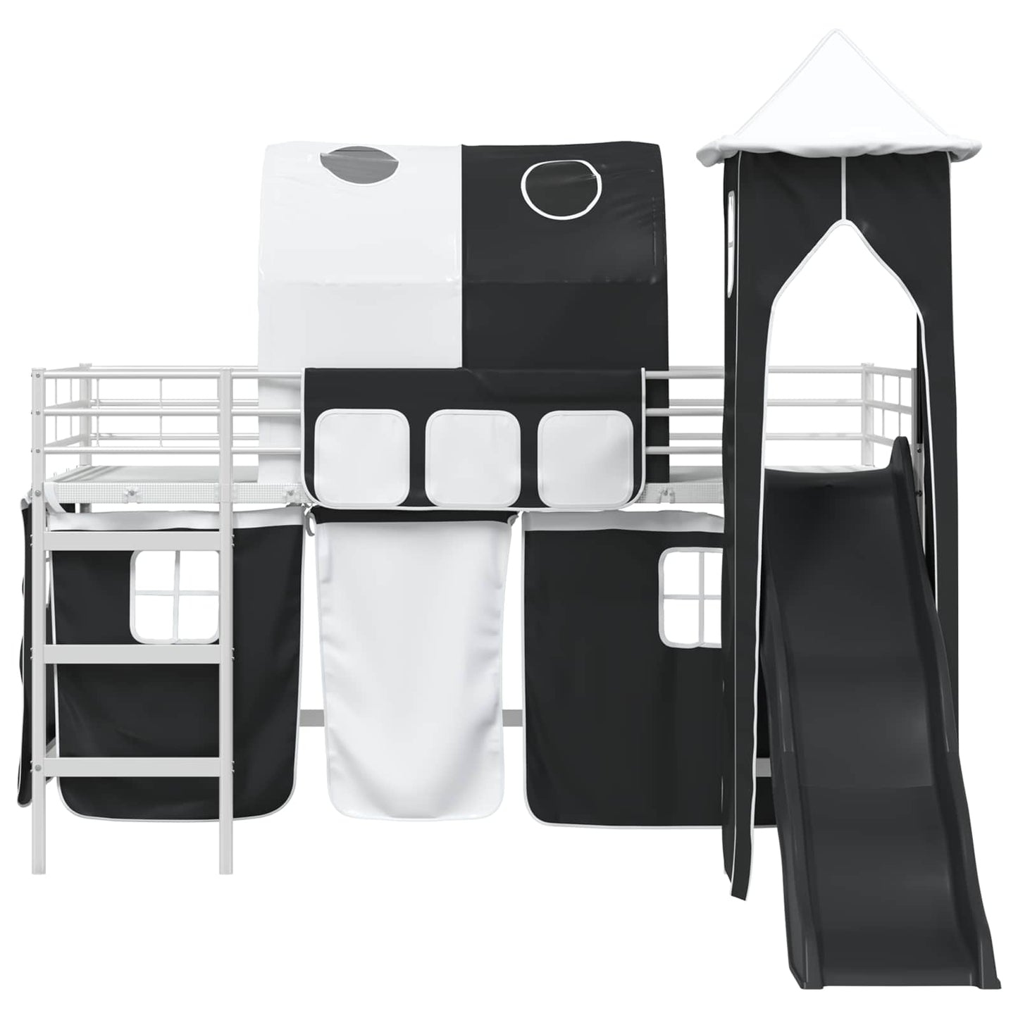 Kids'Loft Bed Frame with Curtains, Arch, Slide, Tower