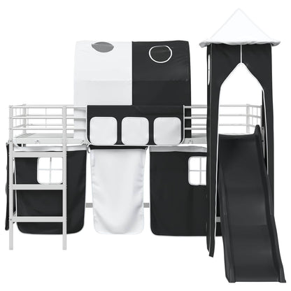 Kids'Loft Bed Frame with Curtains, Arch, Slide, Tower