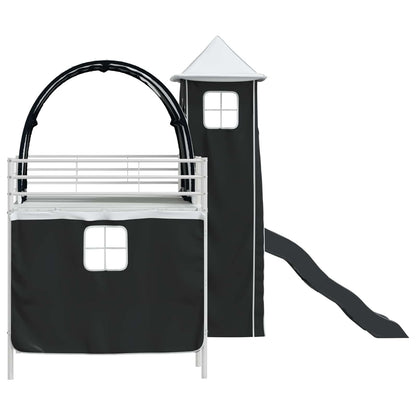 Kids'Loft Bed Frame with Curtains, Arch, Slide, Tower