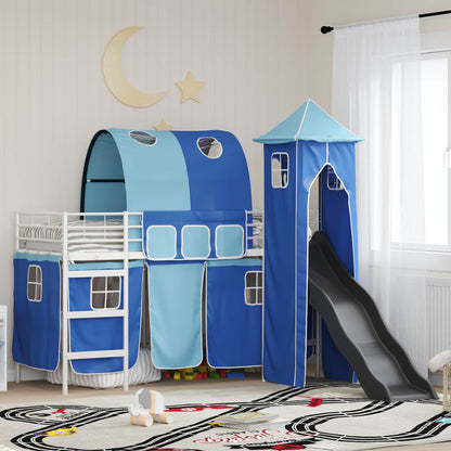 Kids'Loft Bed Frame with Curtains, Arch, Slide, Tower