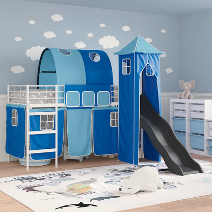 Kids'Loft Bed Frame with Curtains, Arch, Slide, Tower