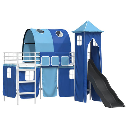 Kids'Loft Bed Frame with Curtains, Arch, Slide, Tower