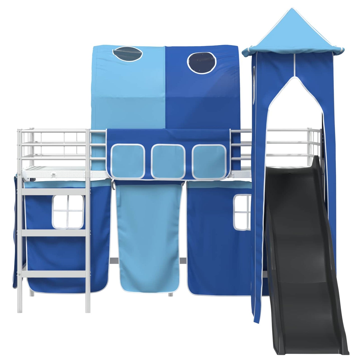 Kids'Loft Bed Frame with Curtains, Arch, Slide, Tower