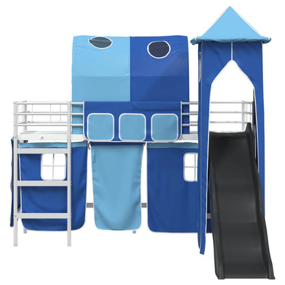 Kids'Loft Bed Frame with Curtains, Arch, Slide, Tower