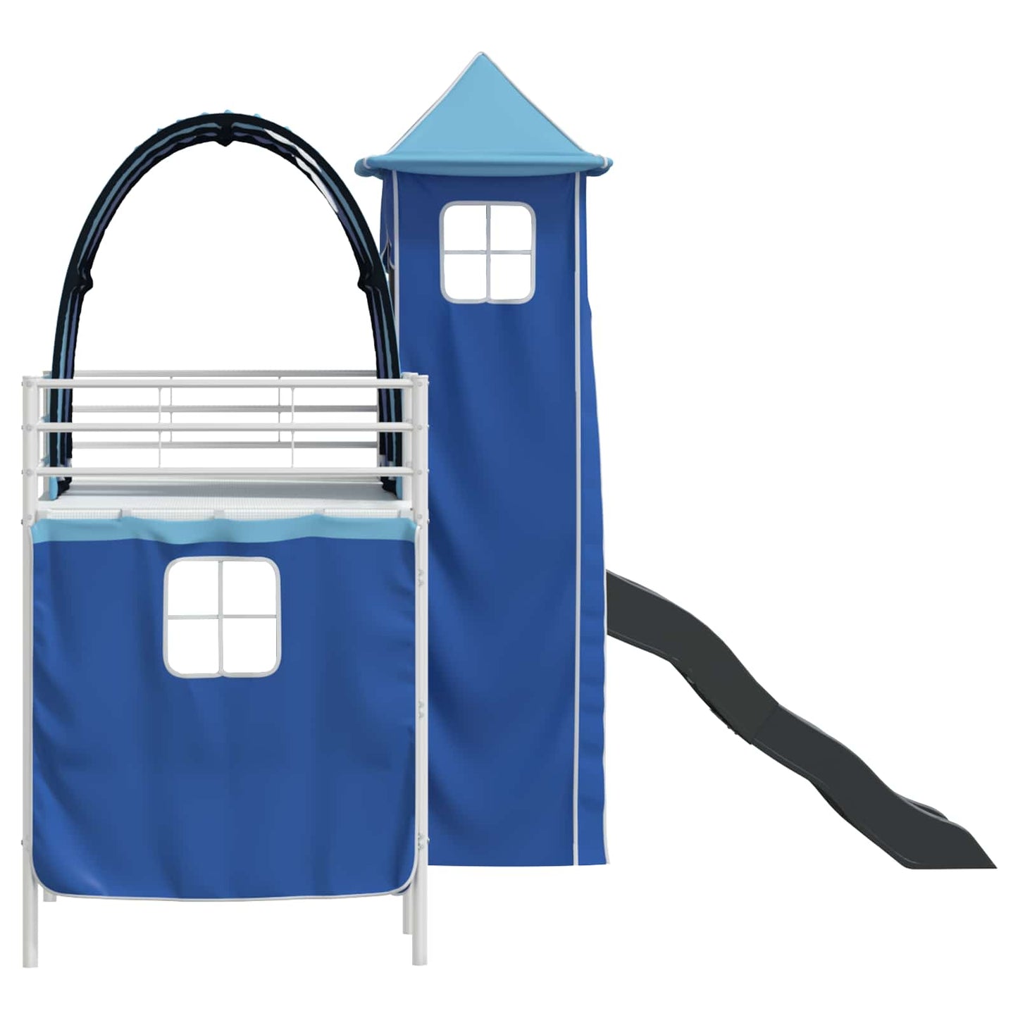 Kids'Loft Bed Frame with Curtains, Arch, Slide, Tower