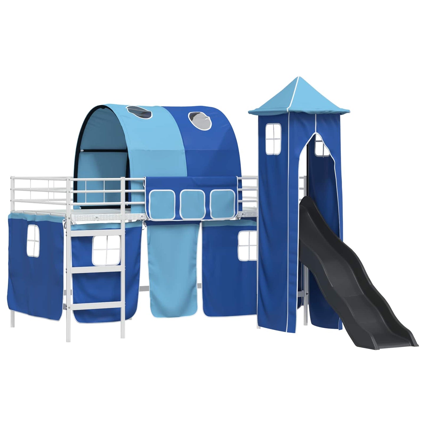 Kids'Loft Bed Frame with Curtains, Arch, Slide, Tower