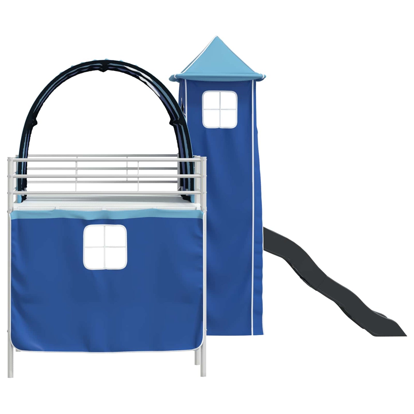 Kids'Loft Bed Frame with Curtains, Arch, Slide, Tower
