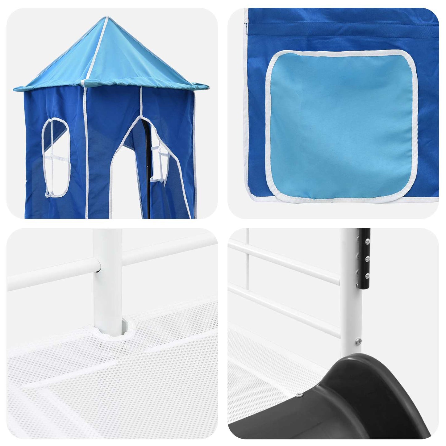 Kids'Loft Bed Frame with Curtains, Arch, Slide, Tower