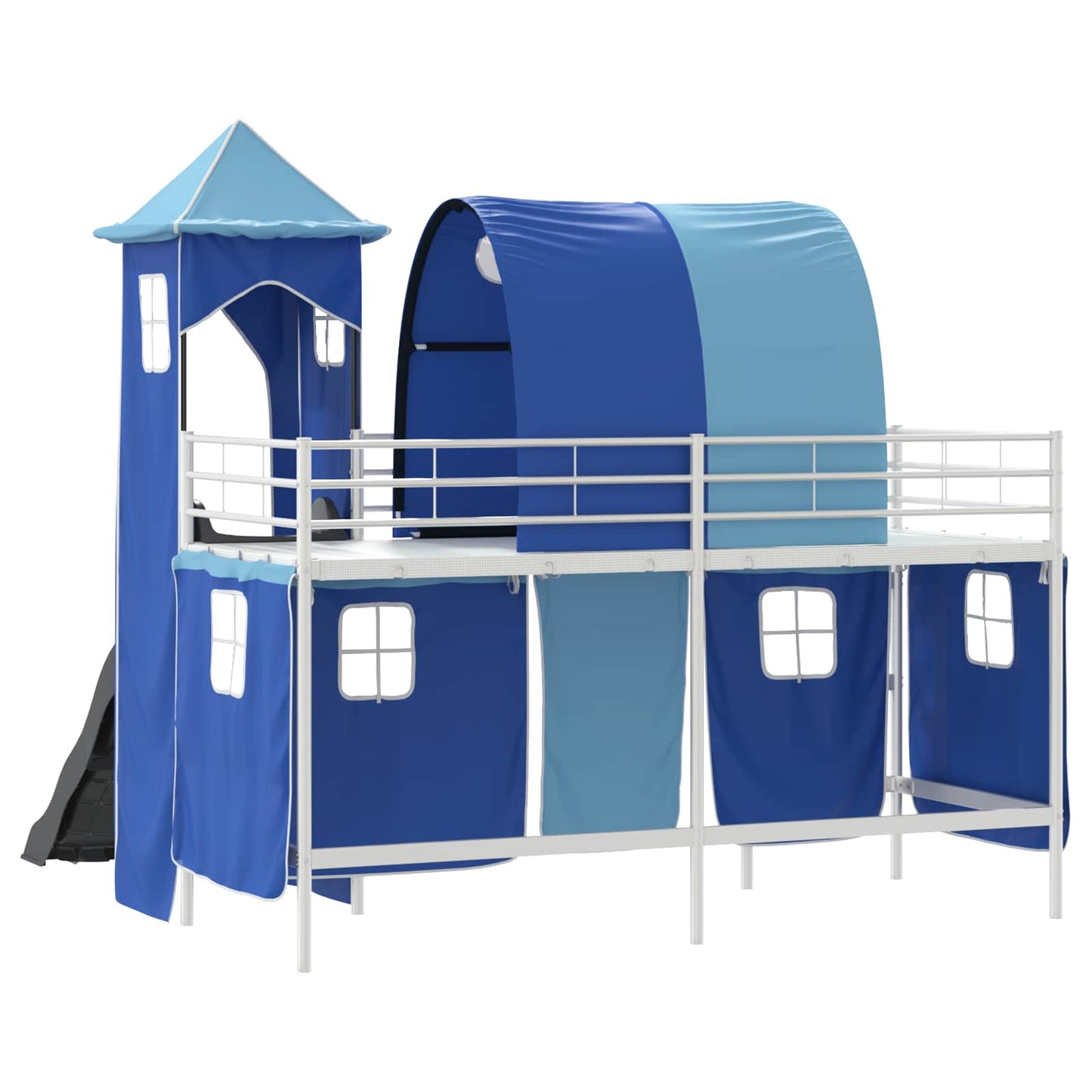 Kids'Loft Bed Frame with Curtains, Arch, Slide, Tower
