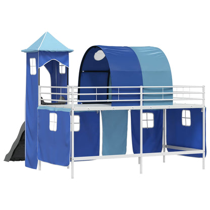 Kids'Loft Bed Frame with Curtains, Arch, Slide, Tower