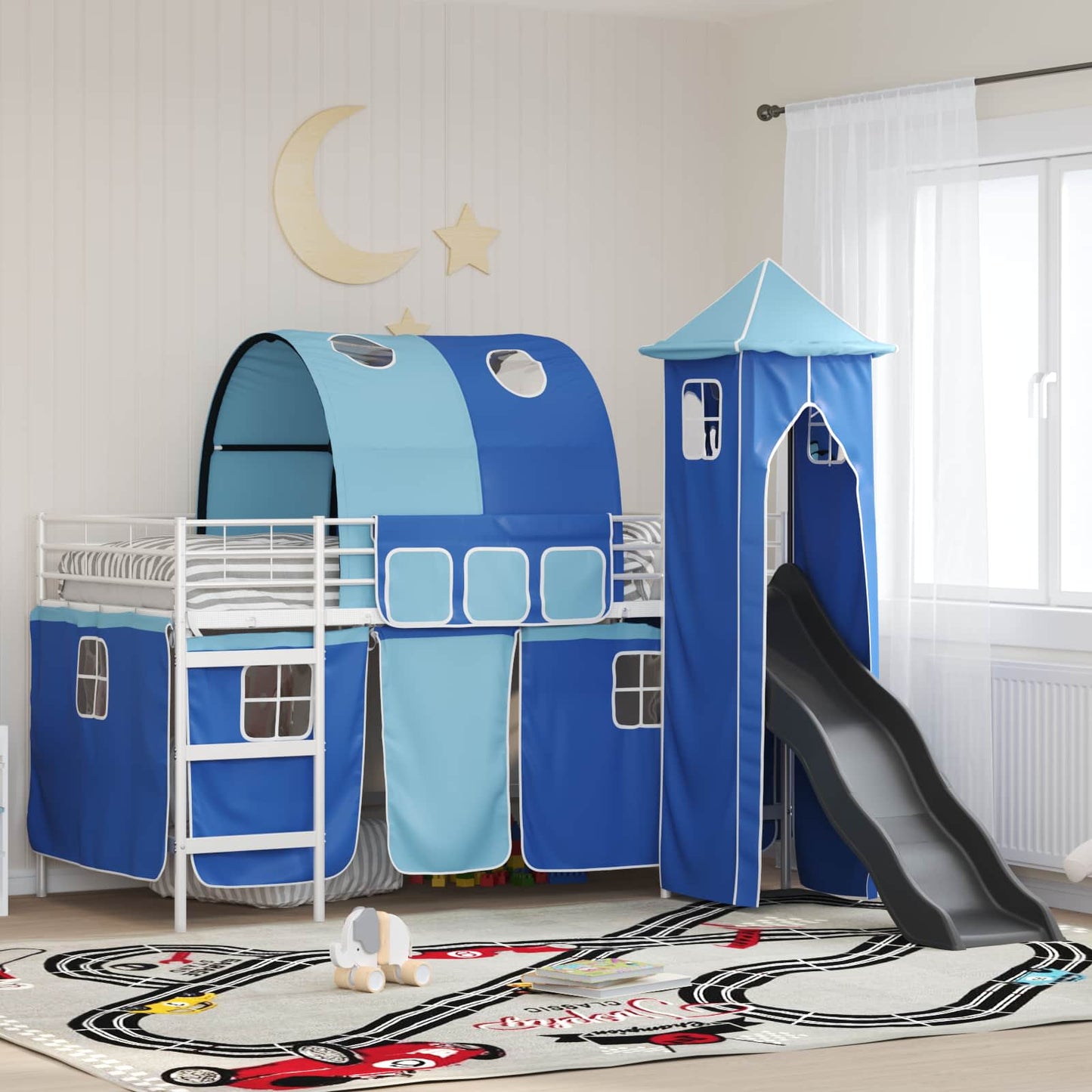 Kids'Loft Bed Frame with Curtains, Arch, Slide, Tower