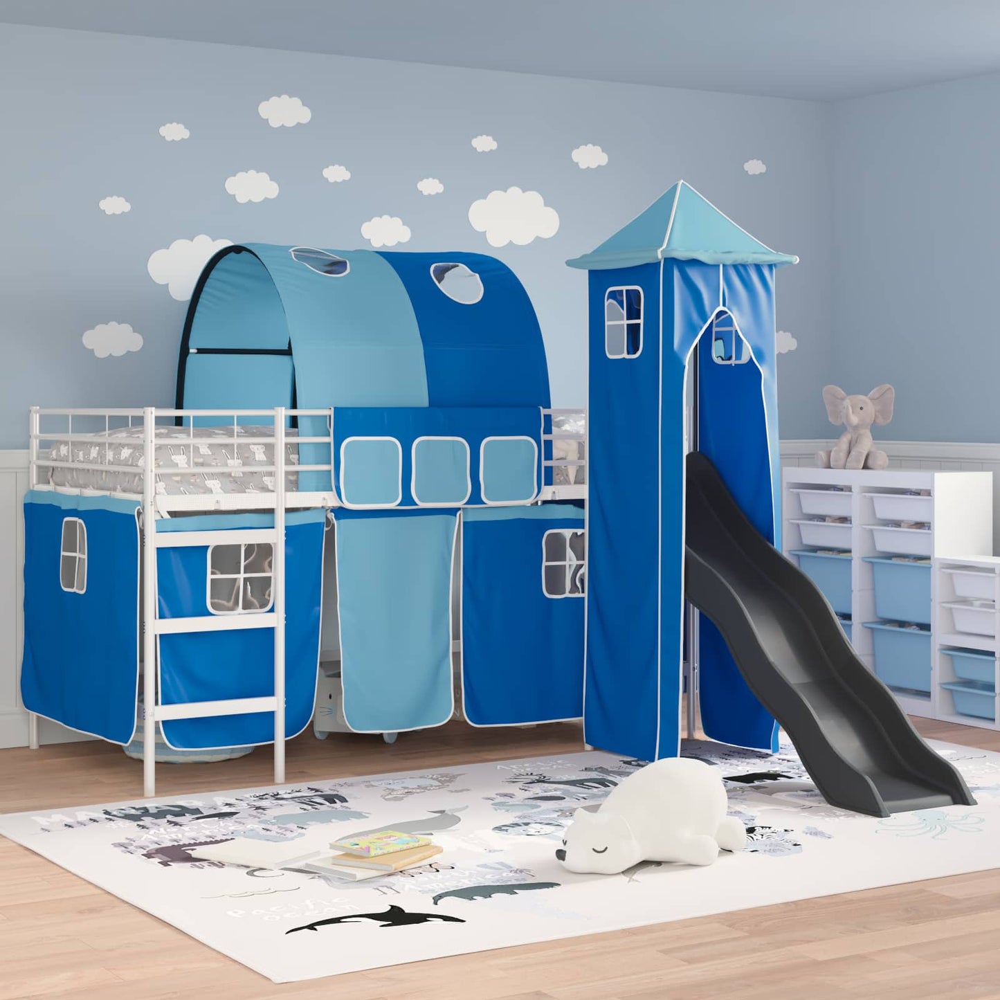 Kids'Loft Bed Frame with Curtains, Arch, Slide, Tower