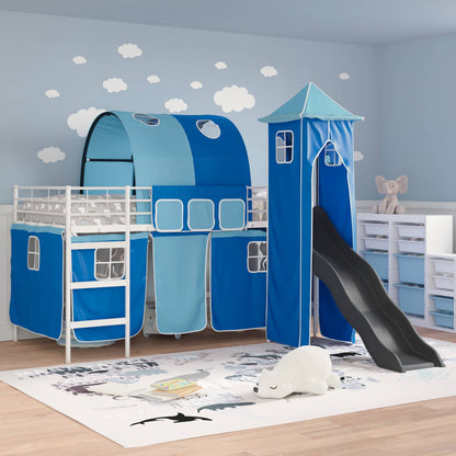 Kids'Loft Bed Frame with Curtains, Arch, Slide, Tower