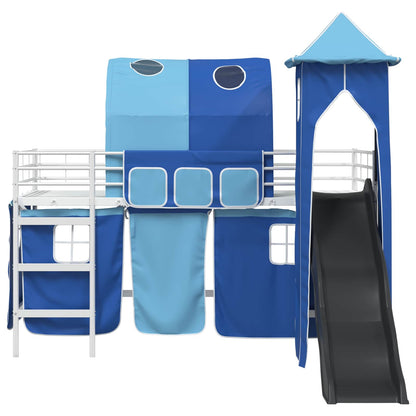 Kids'Loft Bed Frame with Curtains, Arch, Slide, Tower