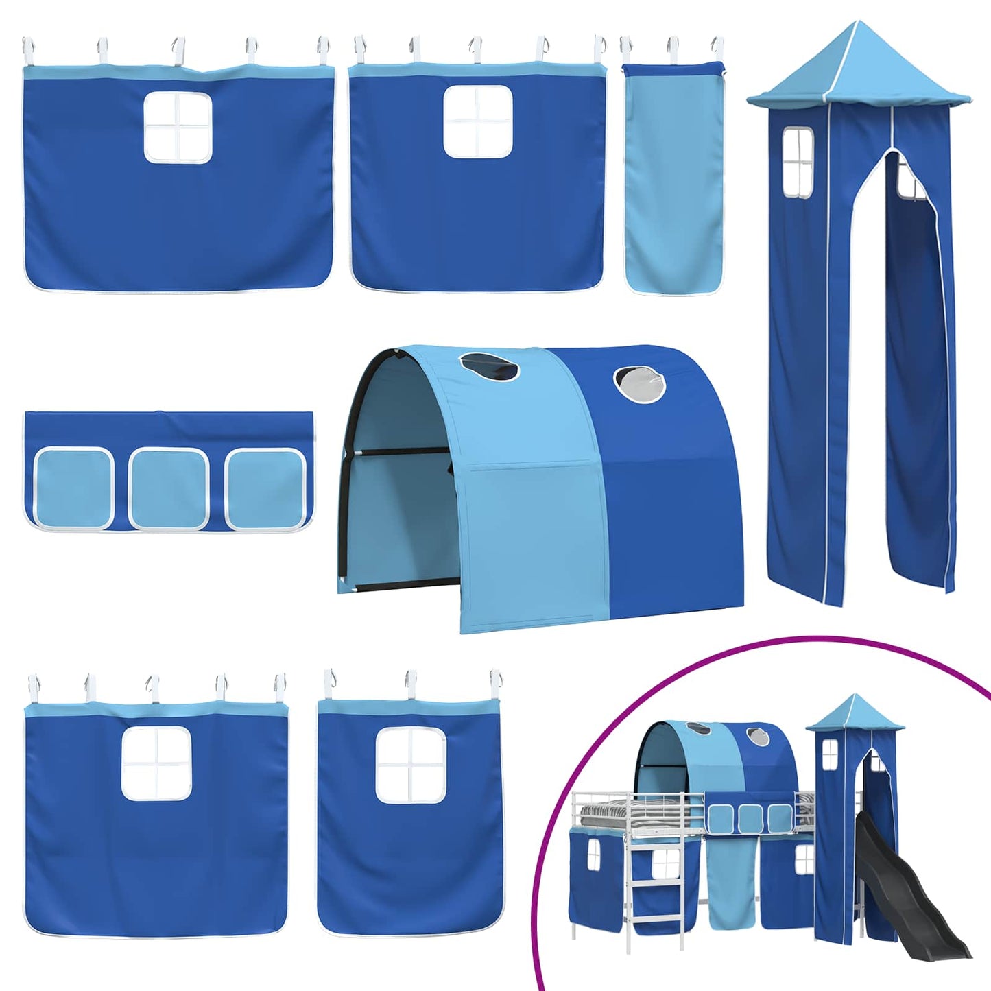 Kids'Loft Bed Frame with Curtains, Arch, Slide, Tower