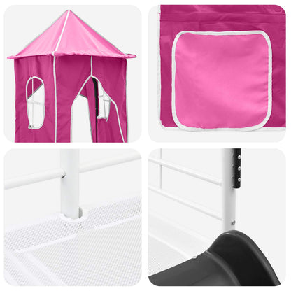 Kids'Loft Bed Frame with Curtains, Arch, Slide, Tower