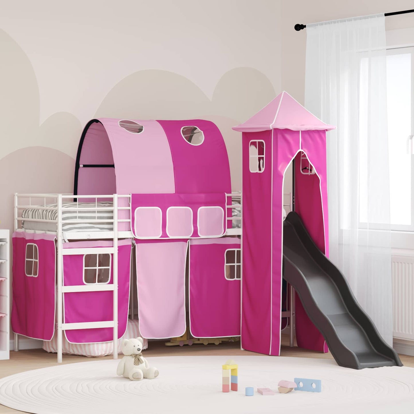 Kids'Loft Bed Frame with Curtains, Arch, Slide, Tower