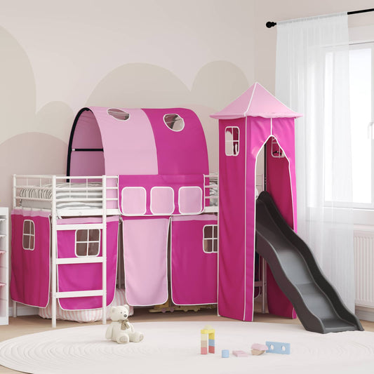 Kids'Loft Bed Frame with Curtains, Arch, Slide, Tower