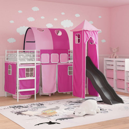 Kids'Loft Bed Frame with Curtains, Arch, Slide, Tower