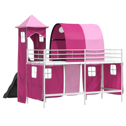 Kids'Loft Bed Frame with Curtains, Arch, Slide, Tower