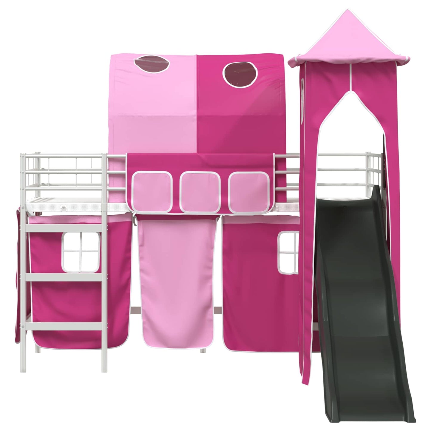 Kids'Loft Bed Frame with Curtains, Arch, Slide, Tower
