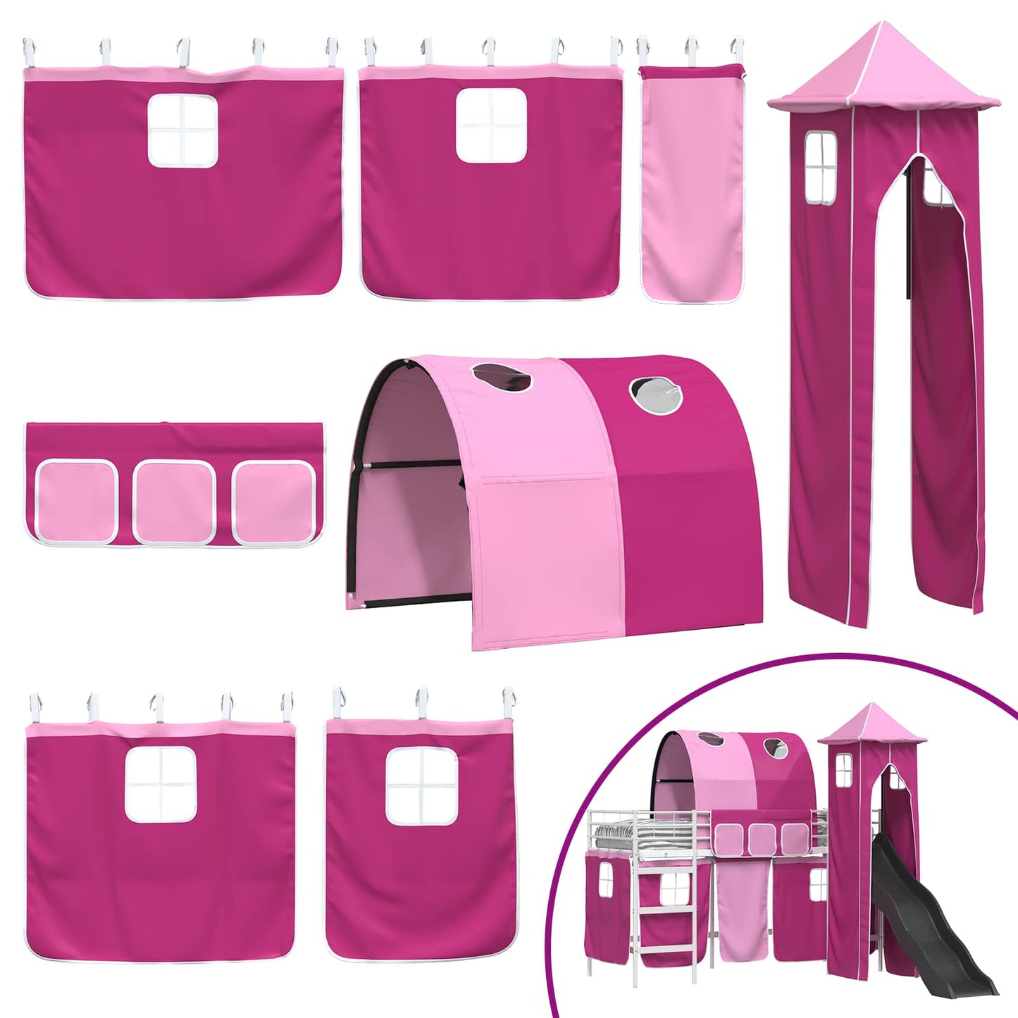 Kids'Loft Bed Frame with Curtains, Arch, Slide, Tower