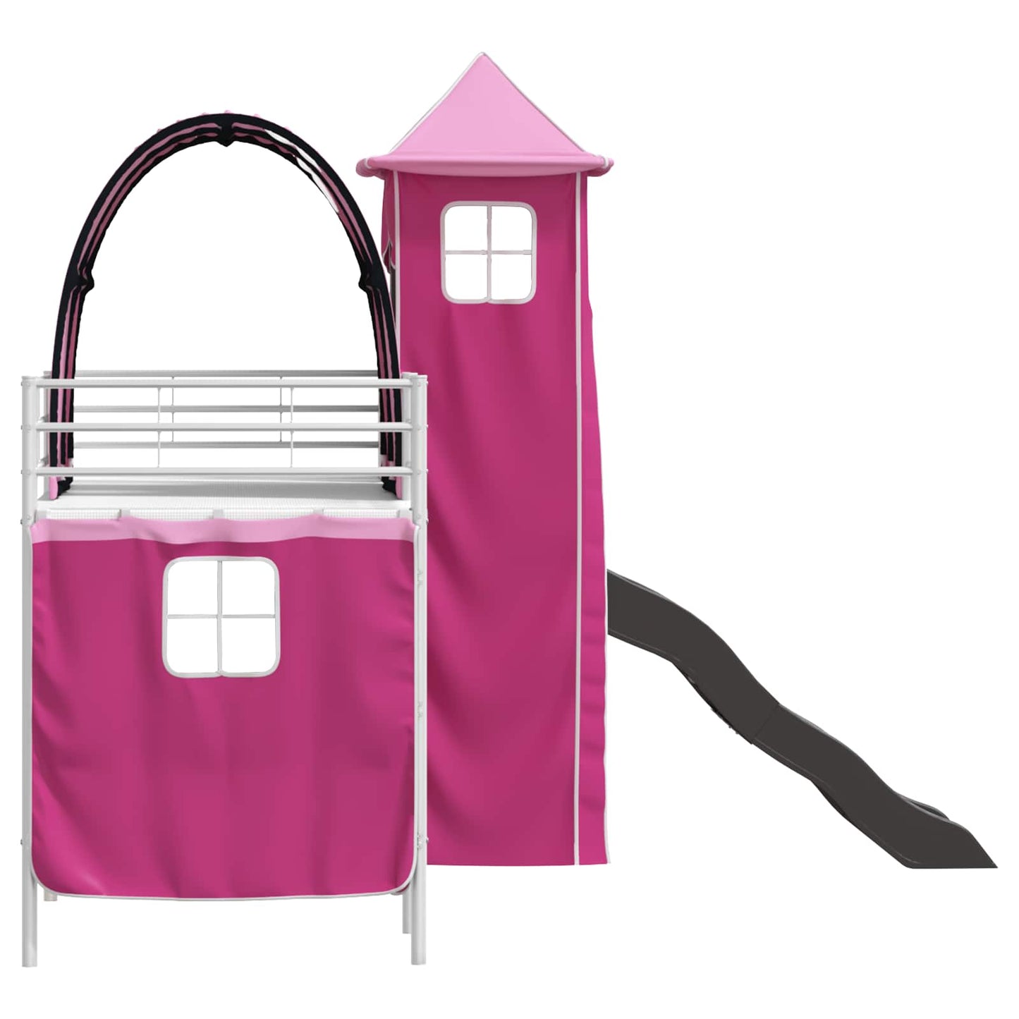 Kids'Loft Bed Frame with Curtains, Arch, Slide, Tower