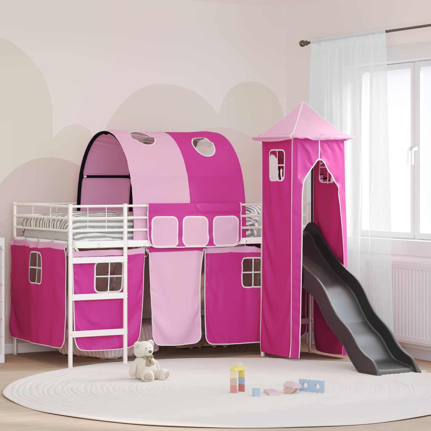 Kids'Loft Bed Frame White and Pink 90 x 200 cm Metal
