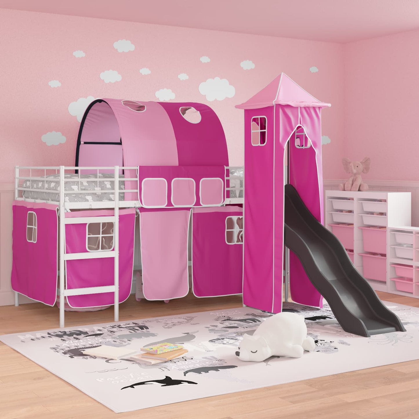 Kids'Loft Bed Frame White and Pink 90 x 200 cm Metal