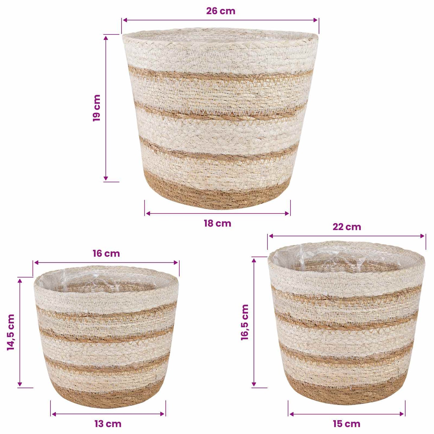 Seagrass Plant Baskets 3 pcs Natural,White and Beige