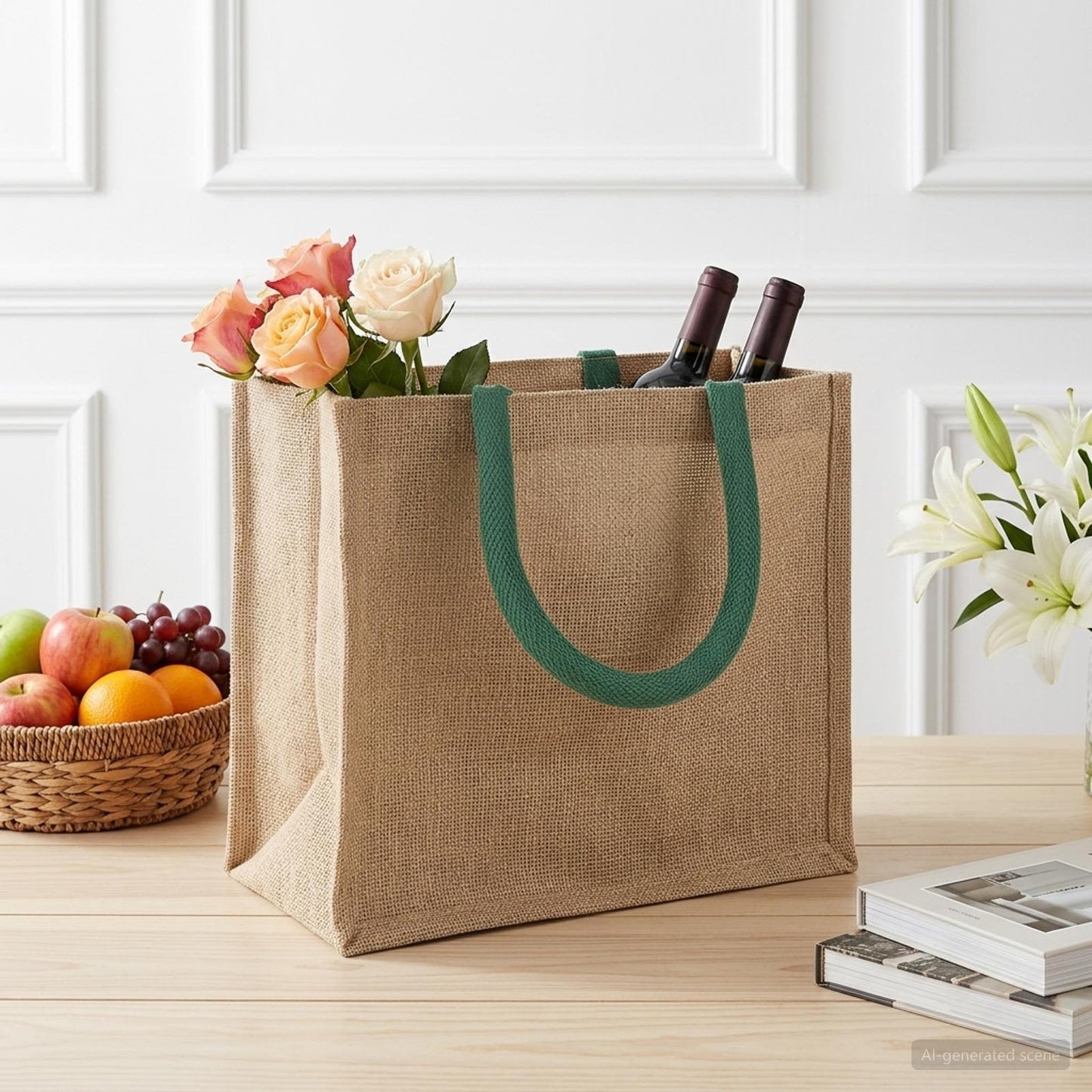 Jute Handbags 10 Natural and Green 26 x 22 x 14 cm