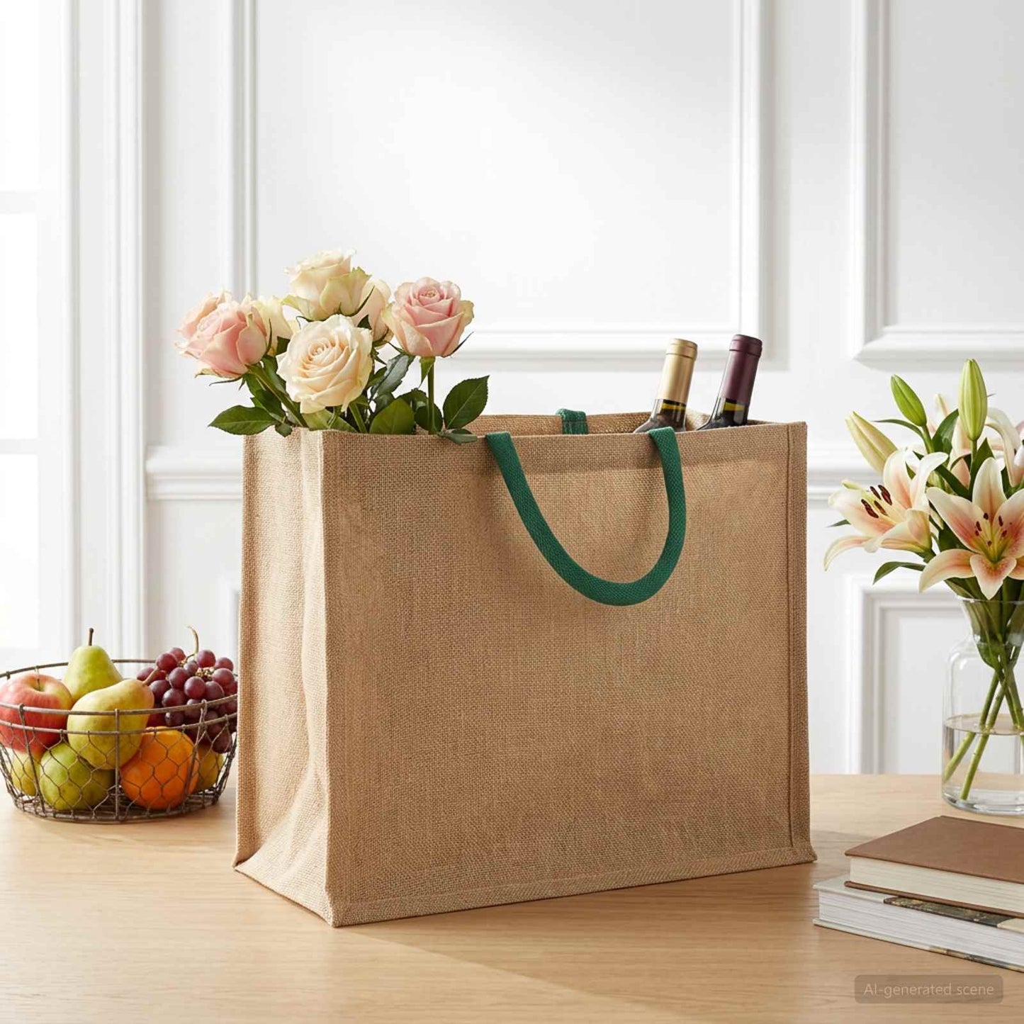 Jute Handbags 10 Natural and Green 42 x 33 x 19 cm
