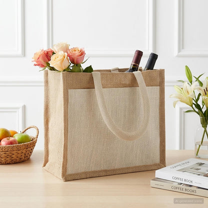 Jute Handbags with Pocket 10 Natural and White 26 x 22 x 14 cm