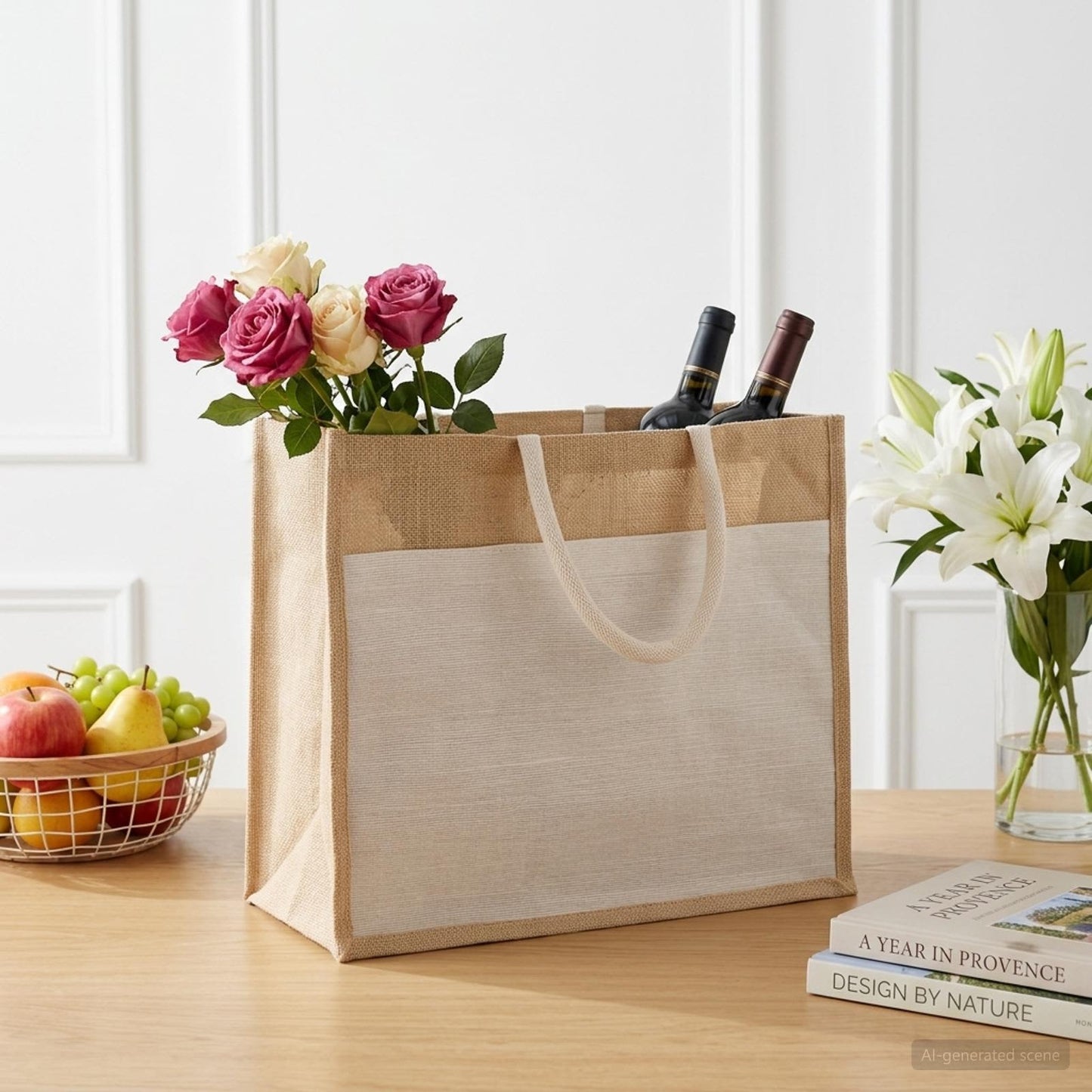 Jute Handbags with Pocket 5 Natural and White 42 x 33 x 19 cm