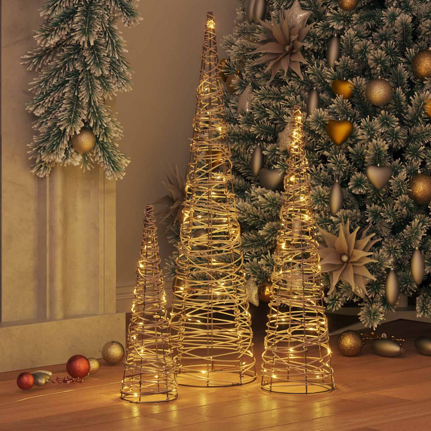Christmas Tree 3 pcs Warm white 20 x 20 x 80 cm Rattan