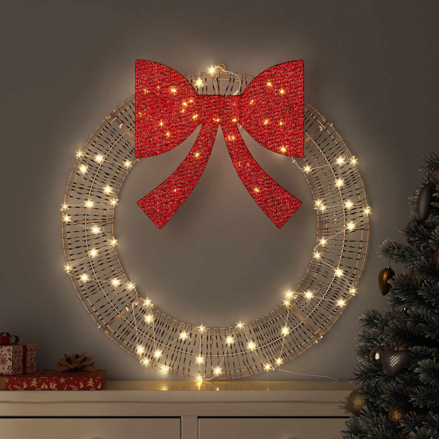 Wreath with 60 LEDs Warm white 76 x 76 x 8 cm PET