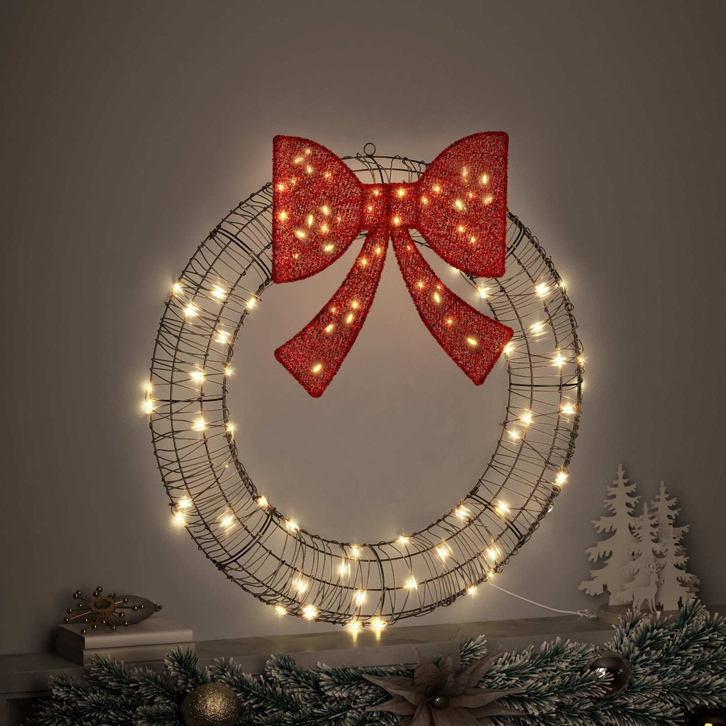 Wreath with 80 LEDs Warm white 90 x 90 x 9 cm Rattan