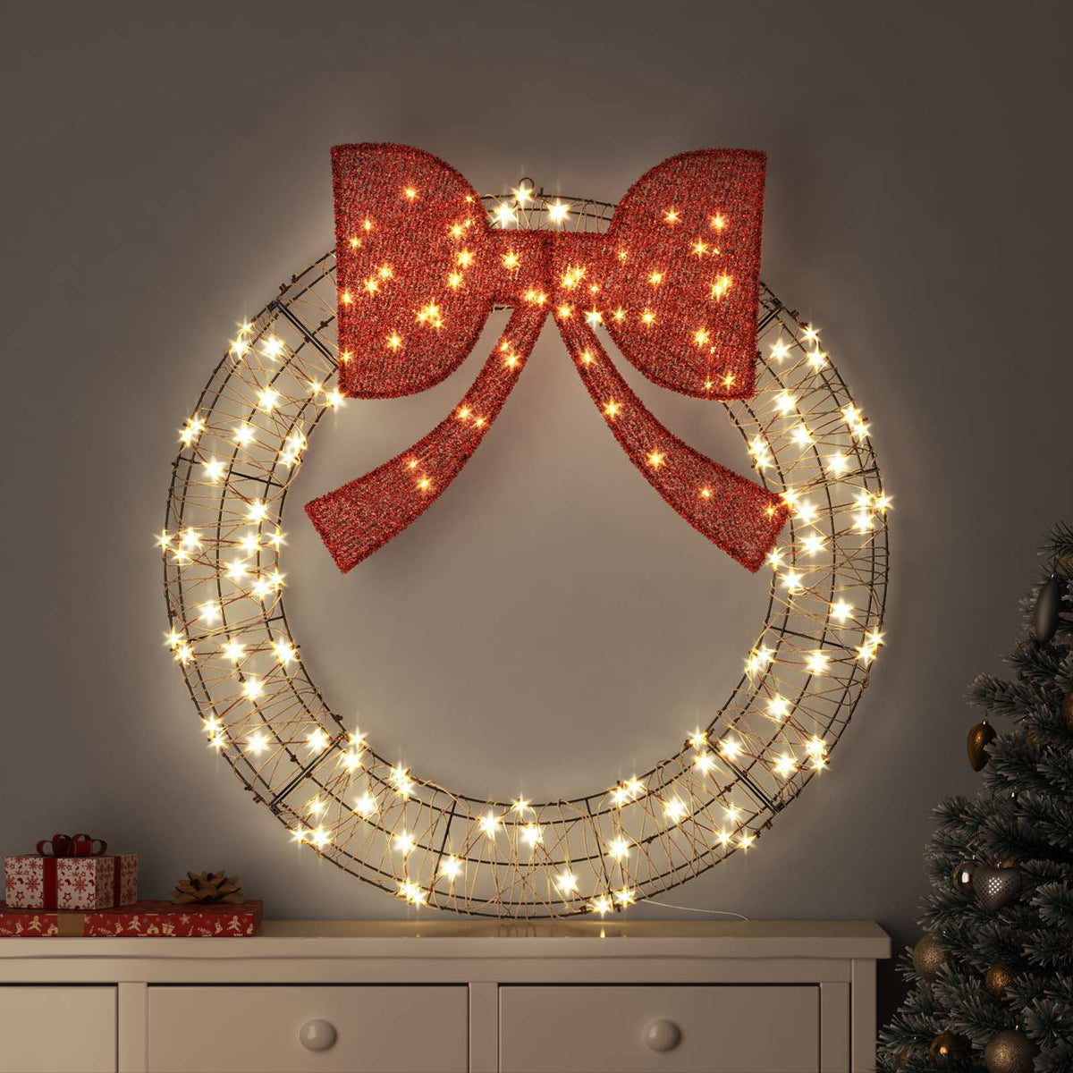 Wreath Warm white 120 x 120 x 10 cm Rattan 150 LEDs