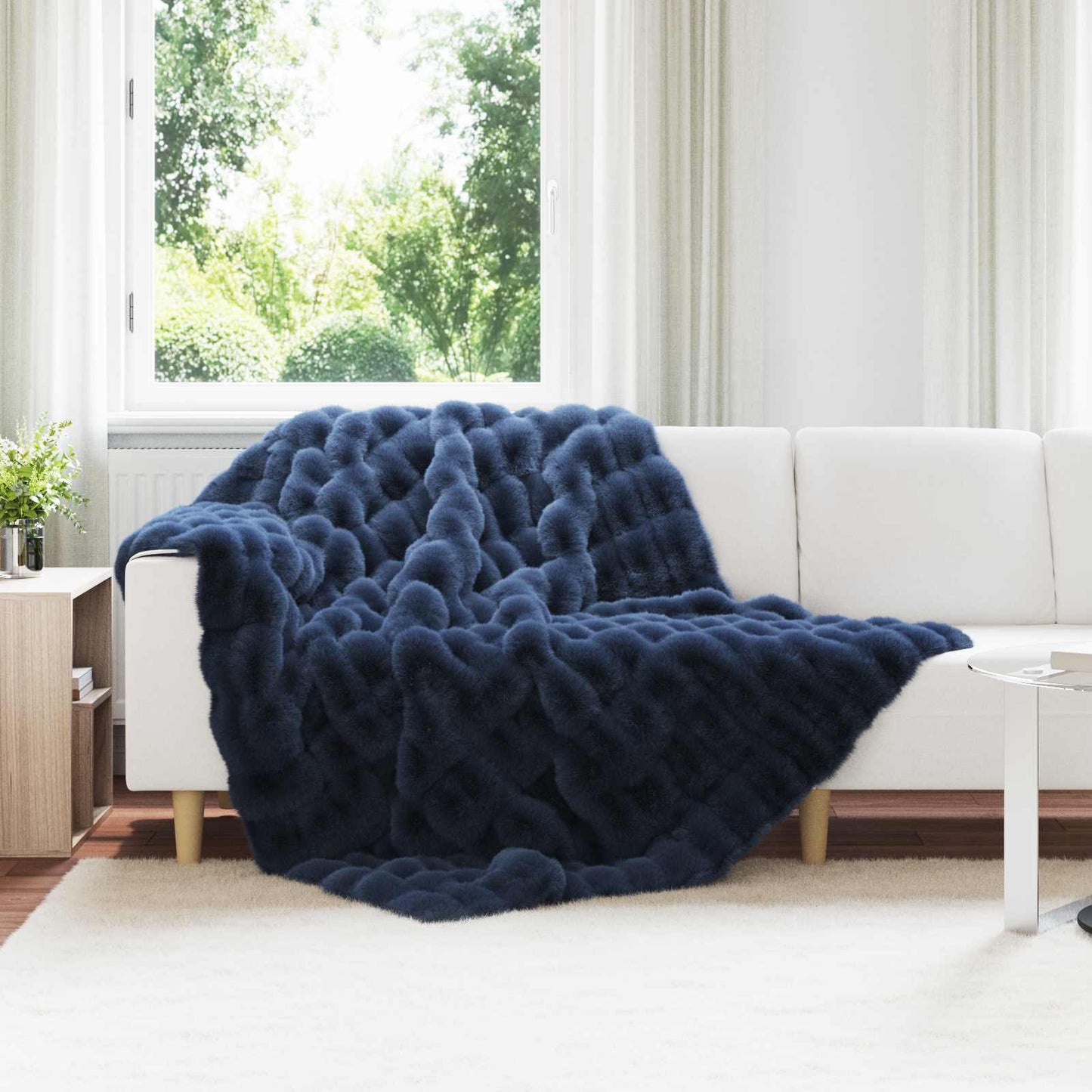 Anti-Slip Faux Rabbit Fur Blanket Olite Marine Blue Polyester