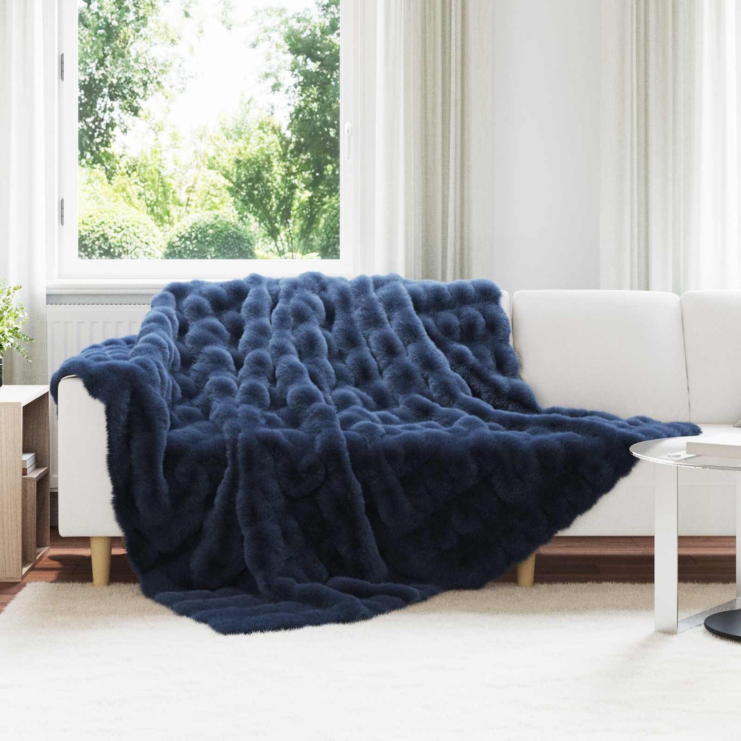 Anti-Slip Faux Rabbit Fur Blanket Olite Marine Blue Polyester