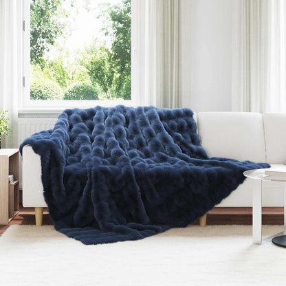 Anti-Slip Faux Rabbit Fur Blanket Olite Marine Blue Polyester
