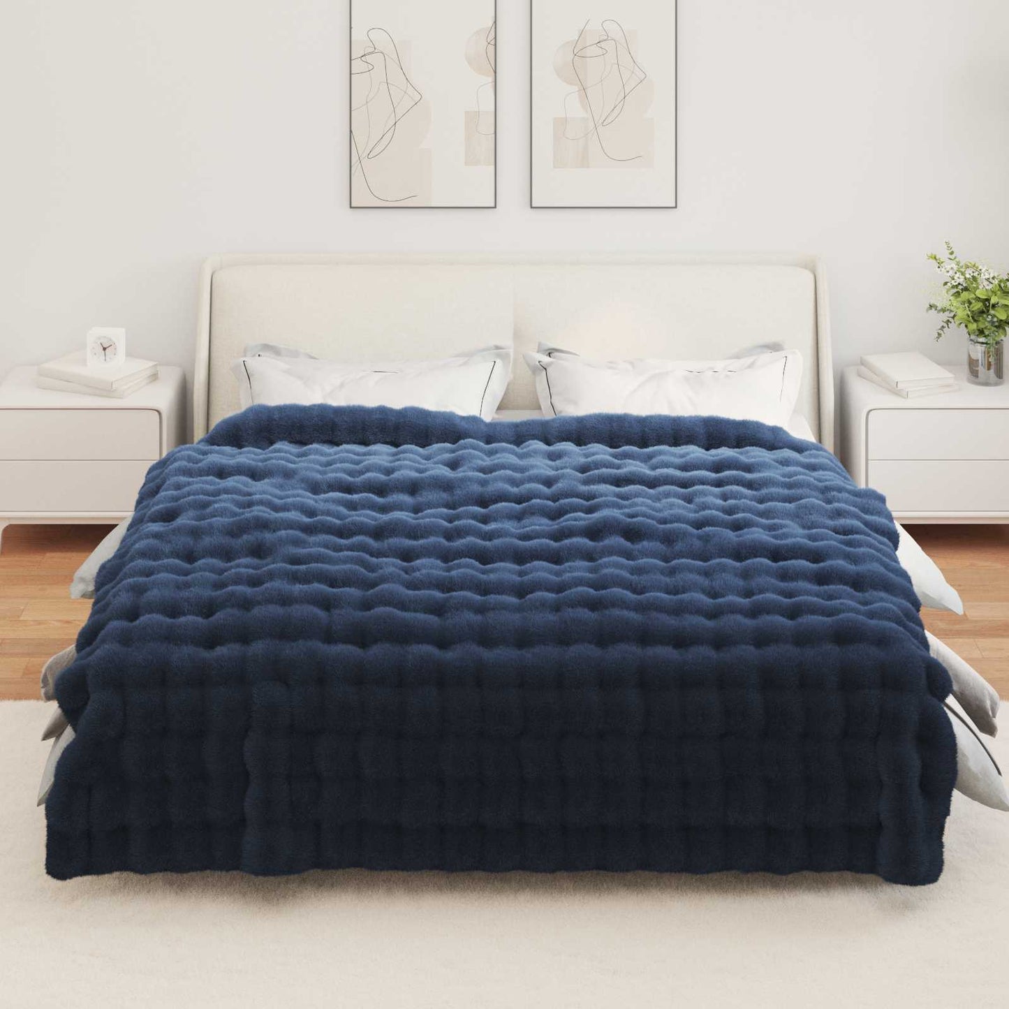 Anti-Slip Faux Rabbit Fur Blanket Olite Marine Blue Polyester